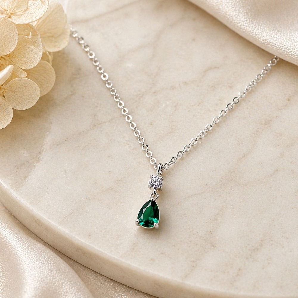 Vintage Emerald Teardrop Necklace Made with Swarovski Crystal Sterling Overlay